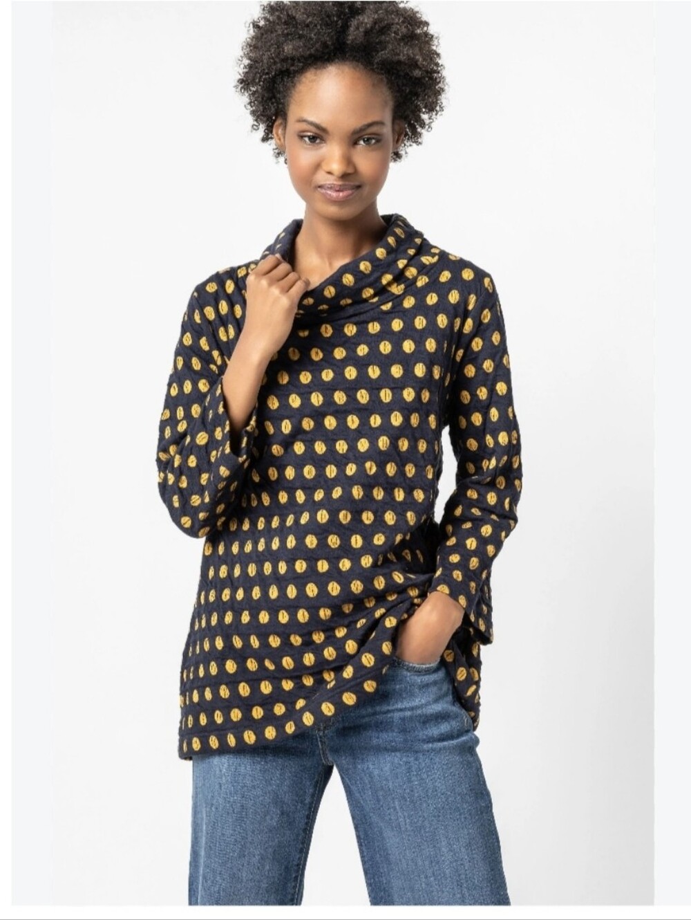 Komil Como Spot Weave Navy Blue Yellow Stretch Cowl Top Polka Dot Sz S